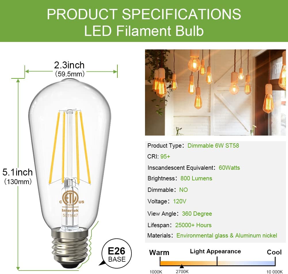 Dimmable Vintage ST58 Filament LED Edison Bulbs 6W 800LM 2700K E26 JESLED Lighting
